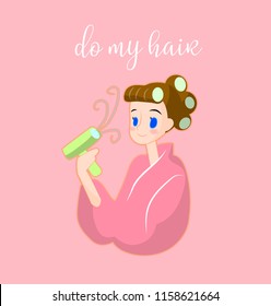 Beautiful girl using hair curlers on her head and holding hair dryer, vector illustration.