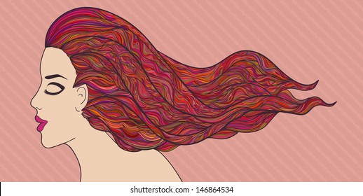 Beautiful girl vector illustration. Gorgeous mosaic style hair and bright contrast make up. Banner format.