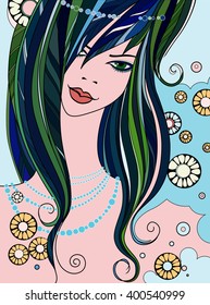 beautiful girl - vector illustration on blue background. face of a beautiful girl with a pearl necklace