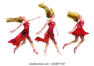 Beautiful girl is very happy. She is in love. A woman runs, jumps in a red dress and with white hair.