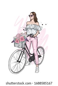 Beautiful girl with a vintage bike. Pants and T-shirt. Vector illustration for a card or poster, print on clothes. Fashion, style and accessories. - Shutterstock ID 1688585167