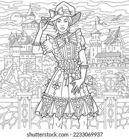Beautiful girl in vintage dress   hat  Halloween adult coloring book page in mandala style