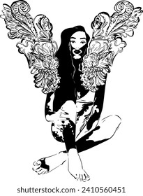 A beautiful girl with vitiligo and wing in a white background. Isolated illustration.