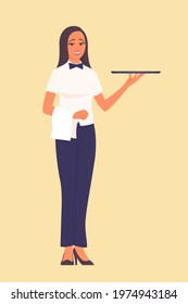 A beautiful girl waiter stands with a tray in his hand. There is a smile on my face. Vector cartoon character illustration