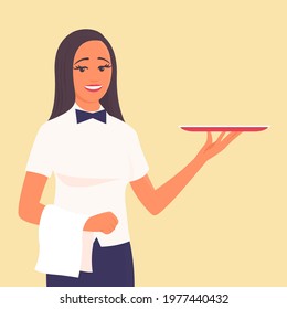 A beautiful girl waiter stands with a tray in his hand. There is a smile on my face. Vector cartoon character illustration