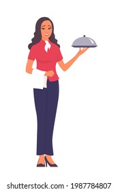 A beautiful girl waiter stands with a tray in his hand. There is a smile on my face. Vector cartoon character illustration on white background