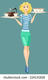Beautiful Girl Waitress Carries a Tray Ordered Drinks, Coffee, Tea. Vector Illustration.