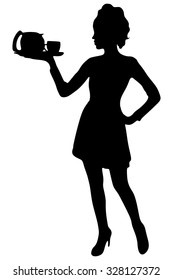 Beautiful Girl Waitress Carries a Tray Ordered Drinks, Coffee