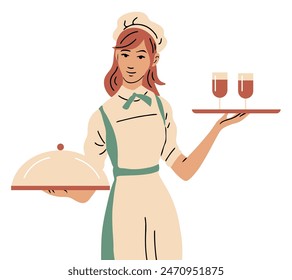 A beautiful girl waitress stands with a tray in hand. Young woman working in a restaurant. Vector illustration isolated on white background