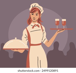 A beautiful girl waitress with a tray in hand. Young woman working in a restaurant. Serves food and drinks. Guests service. Cafe bar. Concept Welcome. Cartoon vector illustration