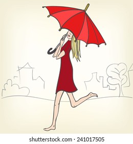 Beautiful girl walking barefoot in the street wearing red dress and big red umbrella.