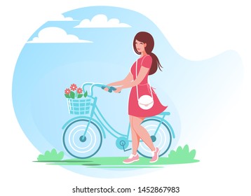 A beautiful girl is walking with a Bicycle with a basket of flowers. Vector illustration in flat style.