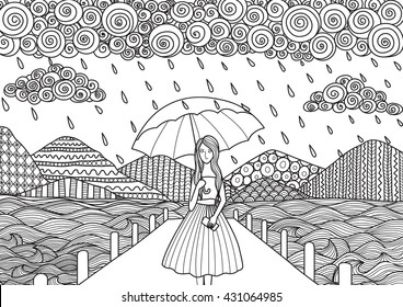 Hermosa chica caminando en el puente mientras llueve, diseño de arte de doodle para adultos coloreando páginas de libros y otras decoraciones