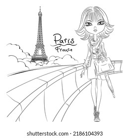 Beautiful girl walking overlooking the Eiffel Tower in Paris. Black and white illustration for coloring book.