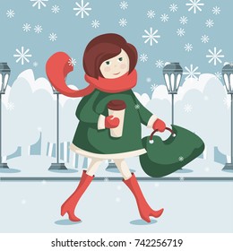 Beautiful girl in warm clothing with coffee to go walking in the park in winter. Vector illustration