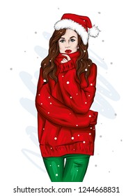 Beautiful girl in a warm sweater and Christmas hat. Vector illustration for greeting card or poster, print on clothes. Winter, New Year and Christmas. Christmas tree.