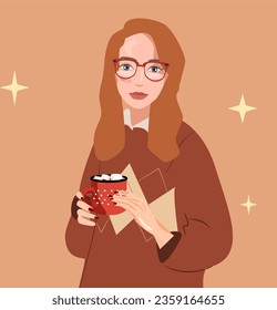 A beautiful girl in a warm sweater with a mug of hot tea or cocoa. Vector autumn illustration of a redhead woman in a cafe. Portrait of a student or office worker. September