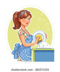 Beautiful girl washing plate. Eps10 vector illustration. Isolated on white background