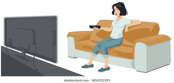 Beautiful girl is watching TV. Funny people. Stock illustration.