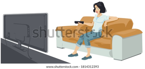 Beautiful Girl Watching Tv Funny People Stock Vector (Royalty Free ...