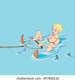 Beautiful girl water skiing, hand drawn line art illustration. Sports and recreation of the sea