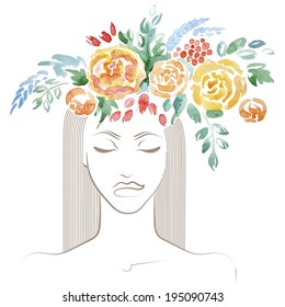 Beautiful girl with watercolor floral wreath on her head. Abstract summer portrait.
