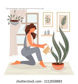 A beautiful girl is watering a flower. Gardening and plant care. Vector illustration.