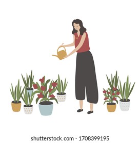 Beautiful girl waters flowers with watering can. Young woman watering houseplants. Caring for indoor plants. Ecology hobby. Garden work. Stay home lifestyle. Cartoon vector illustration on white.