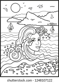 Beautiful girl with wave hair, sea goddess. Coloring book page.Vector illustration with sea and mountains in sketch style on white background.
