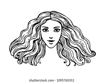 Beautiful girl. Wavy hair. Ink sketch isolated on white background. Hand drawn vector illustration.