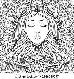 Beautiful girl with wavy hair on orhamental ddecorative pattern, black and white linen illustration for coloring book.