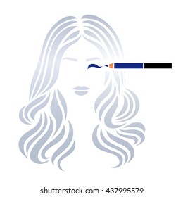 Beautiful girl with wavy long hair, a cosmetic pencil, make-up. Vector illustration on white background.