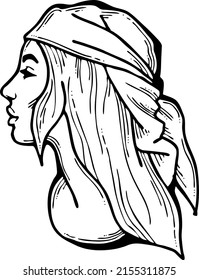 Beautiful girl wear romantic scarf. Pretty woman with attractive face, bright eyes and lips. Fashion model dress summer hat. Hand drawn vector illustration. Old style comic cartoon character drawing.