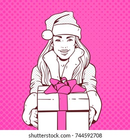 Beautiful Girl Wear Santa Costume Hold Gift Box, Merry Christmas And Happy New Year Concept Retro Pop Art Style Vector Illustration