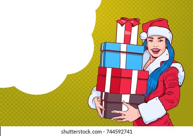 Beautiful Girl Wear Santa Costume Hold Gift Box, Merry Christmas And Happy New Year Concept Retro Pop Art Style Vector Illustration