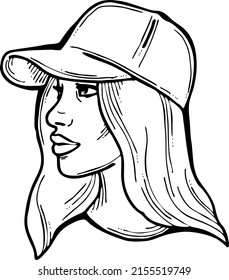 Beautiful girl wear sporty baseball cap. Pretty woman, attractive face, bright eyes and lips. Fashion model dress summer hat. Hand drawn vector illustration. Old style comic cartoon character drawing.