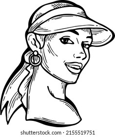 Beautiful girl wear sporty baseball cap. Pretty woman, attractive face, bright eyes and lips. Fashion model dress summer hat. Hand drawn vector illustration. Old style comic cartoon character drawing.