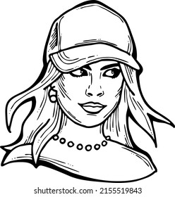 Beautiful girl wear sporty baseball cap. Pretty woman, attractive face, bright eyes and lips. Fashion model dress summer hat. Hand drawn vector illustration. Old style comic cartoon character drawing.