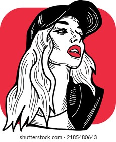 Beautiful Girl Wear Sporty Baseball Cap. Pretty Woman With Attractive Face, Bright Eyes And Lips. Fashion Model Dress Summer Hat. Hand Drawn Vector Illustration. Old Style Cartoon Character Drawing.