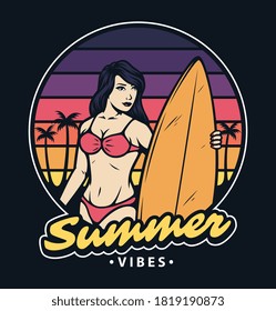 beautiful girl wearing a bikini carrying a surf board.  For t-shirts, stickers and other similar products.