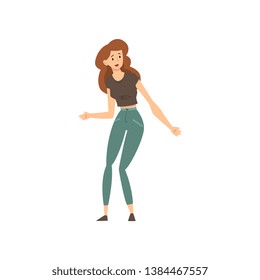 Beautiful Girl Wearing Black T-shirt and Jeans Vector Illustration