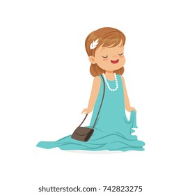 Beautiful girl wearing dult oversized blue dress, kid pretending to be adult vector Illustration