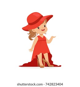 Beautiful girl wearing dult oversized elegant red dress and hat, kid pretending to be adult vector Illustration