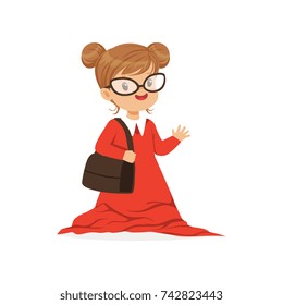 Beautiful girl wearing dult oversized red dress, kid pretending to be adult vector Illustration