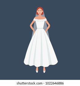 Beautiful girl wearing elegant  wedding dress. Young bride in a vintage dress in cartoon flat style isolated on white. Vector illustration.