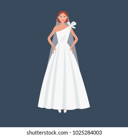Beautiful girl wearing elegant  wedding dress. Young bride in a trendy dress in cartoon flat style isolated on white. Vector fashion illustration.