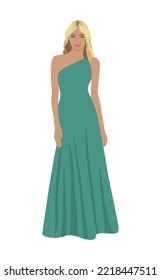 Hermosa chica con vestido de noche, vestido formal para celebración, boda, Nochebuena o fiesta de Año Nuevo. Caracteres femeninos hermosos ilustraciones realistas aisladas en blanco.