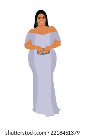 Beautiful girl wearing evening dress, formal gown for celebration, wedding, Christmas Eve or New Year party. Pretty female character vector realistic illustration isolated on white.