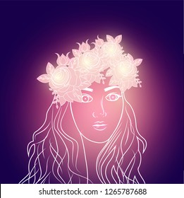 Beautiful girl wearing floral crown on glowing purple background can be used as greeting card design.