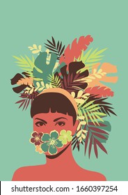 Beautiful girl wearing floral hat and flower mask illustration. Woman's portrait in bloom, tropical leaves and foliage vector. 